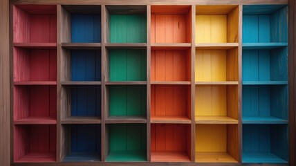 Colorful wooden shelves displaying vibrant paint shades interior design modern space aesthetic view