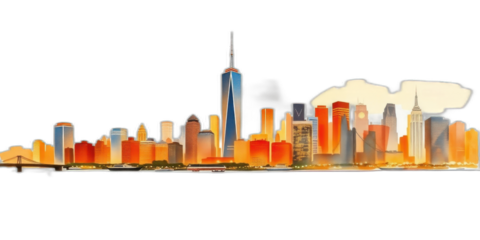 NYC skyline sunset, urban landscape, city view.