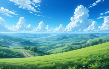 Obraz premium A picturesque green valley stretches out beneath a clear blue sky. Generative AI