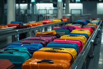 Fototapeta premium Many luggage suitcases and bags are moving on a conveyor belt in the baggage claim area at the airport