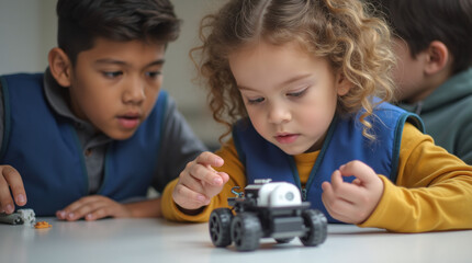 Three children playing with a robotic car on a table; the girl in a yellow shirt and blue vest focuses on the car.