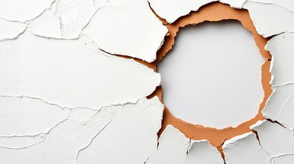 Cracked Paint Texture: Abstract background with hole in cracked white paint on orange surface. Perfect for design projects needing grunge, distressed or vintage aesthetic. 