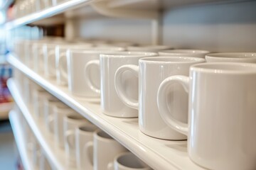 Rows of white coffee mugs on shelves in a store display