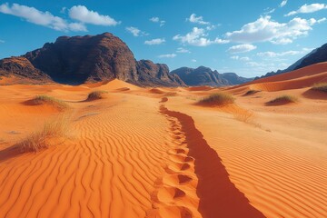 Naklejka premium Bright orange sand dunes stretch across a desert landscape under a clear blue sky in the afternoon sunlight