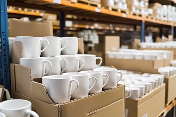 Fototapeta premium Warehouse storage of white ceramic mugs on shelves in cardboard boxes