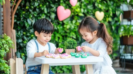 Obraz premium Sweetest Tea Party: Two adorable Asian children enjoy a delightful tea party amidst lush greenery, sharing colorful treats and creating precious memories. 