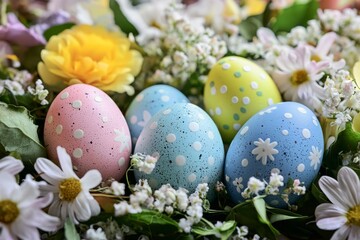 colorful Easter eggs scattered among a variety of flowers, creating a bright and festive setting ideal for the holiday