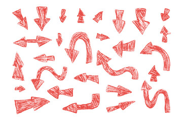Arrows set crayon drawing. Red chalk handwritten symbols. Pointers by pencil isolated on white background. Vector freehand way marks illustration