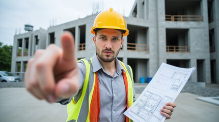 Construction worker with blueprints and reflective vest pointing at camera