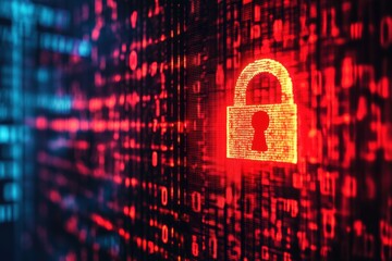 Cybersecurity concept: red lock symbol on digital background with binary code