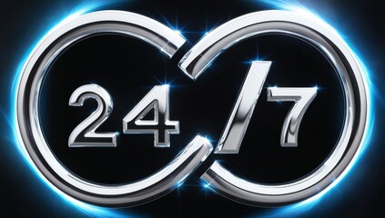 Infinity shaped metallic symbol with 24/7 text, glowing with blue light on a dark background. Represents continuous service, support, and limitless availability