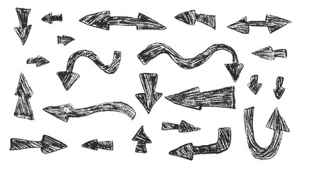 Arrow set crayon drawing. Chalk handwritten symbols. Pointers by pencil isolated on white background. Vector hand drawn illustration