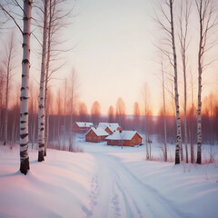 Winter sunset in the village 