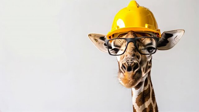 Funny giraffe wearing construction worker equipment posing on a white background