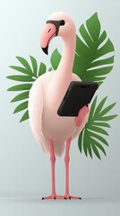 Naklejka premium A stylish flamingo wearing sunglasses, holding a tablet, amidst tropical leaves