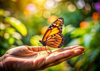 Fototapeta premium Delicate Butterfly on a Fingertip: A Close-Up Documentary Photograph