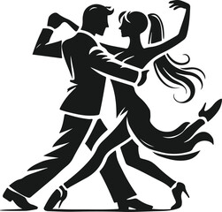 A striking black and white silhouette of a man and woman dancing the tango.