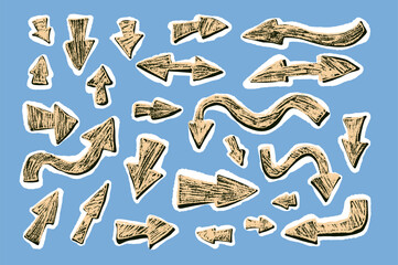 Arrow set for collage. Crayon drawing paper navigation path marks. Pointers for collage isolated on blue background. Vector hand drawn illustration