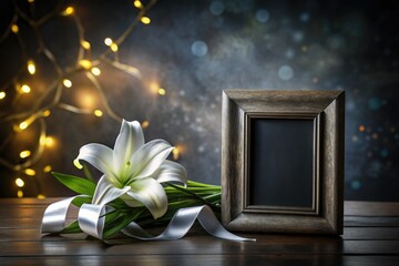 A black tabletop photo frame, adorned with a white lily and memorial ribbon, offers elegant remembrance.