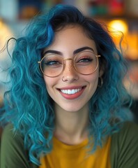 Obraz premium Portrait, young woman, vibrant blue hair, genuine smile, glasses, close-up, colorful background, joyful expression, cheerful mood, natural lighting, soft focus, modern style, youthful energy, vivid co