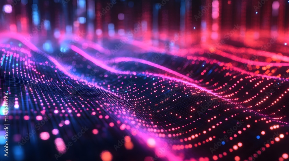 Poster vibrant futuristic digital particles flow with elegant neon lights creating a dynamic creative and v