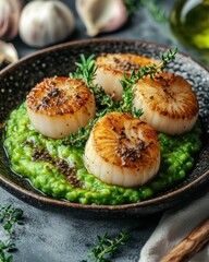 Delicious seared scallops on creamy pea puree, garnished with fresh thyme and black pepper.