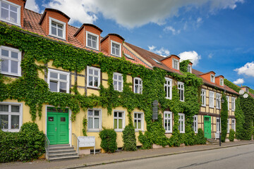 Denkmalgeschütze efeubewachsene Fachwerkhäuser in Neustadt (Dosse)