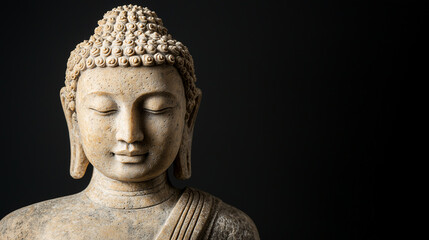 Carved Rock Buddha Statue on Black Background