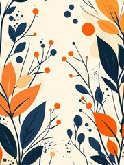 Autumn foliage illustration, minimal flat design, navy blue and orange leaves, abstract floral elements, beige textured background, botanical pattern, stylized nature, vector graphic style, decorative