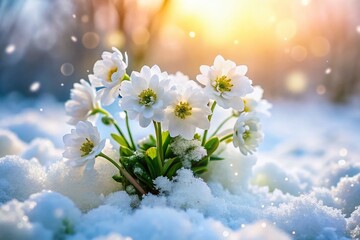 Delicate White Flowers Blooming in a Snowy Landscape - Winter Wonderland Stock Photo