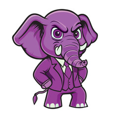 Elephant cartoon in three piece suit purple mascot in full attitude vector art illustration.