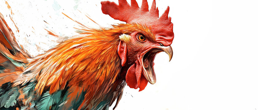 Crowing rooster in vibrant vector art showcasing fierce muscular features and stunning red feathers