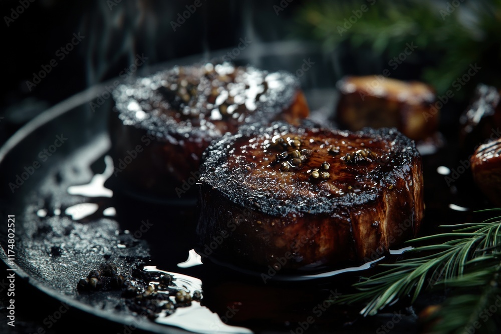 Canvas Prints Close-up of grilled beef fillets with a smoky finish, garnished with herbs and spices.