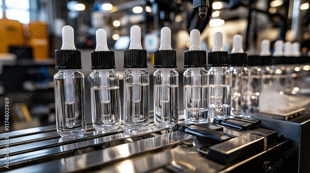 Poster a row of elegant clear dropper bottles filled with liquid sits in a contemporary manufacturing envir