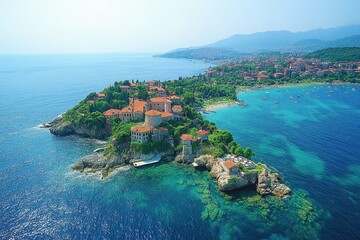 Fototapeta premium Beautiful coastal village surrounded by clear blue waters and lush greenery on a sunny day