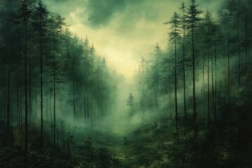 Misty forest landscape with tall trees and a serene atmosphere during twilight