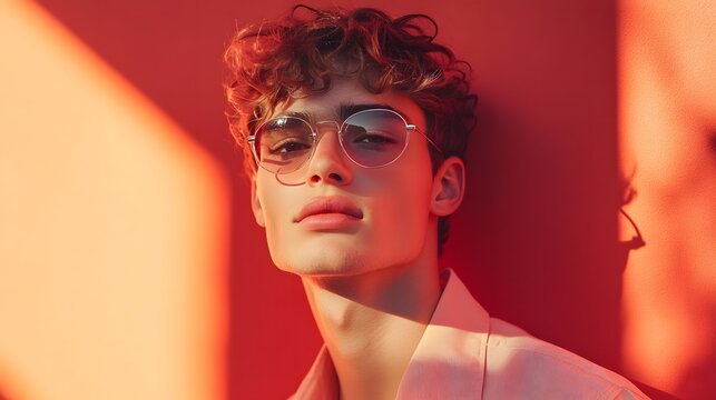 Confident and Charismatic Redheaded Young Man Wearing Trendy Glasses and Casual Outfit Posing in Dramatic Studio Lighting with Vibrant Orange and Red Tones