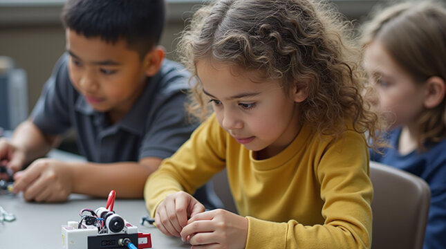 Children working on robotics, one wearing yellow sweater with robot