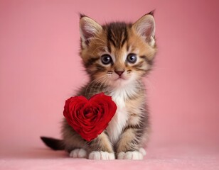 cute beautiful small cat, kitten looking into the camera closeup shot valentine day romance decorated pink background with heart and red rose