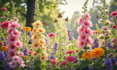 Colorful flower garden with butterflies