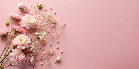 Fototapeta premium Delicate Pink Floral Arrangement with Baby's Breath and White Accents on a Soft Pink Background