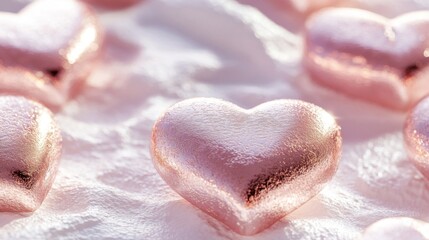 Fototapeta premium Rose Gold Hearts Resting On A Soft White Surface