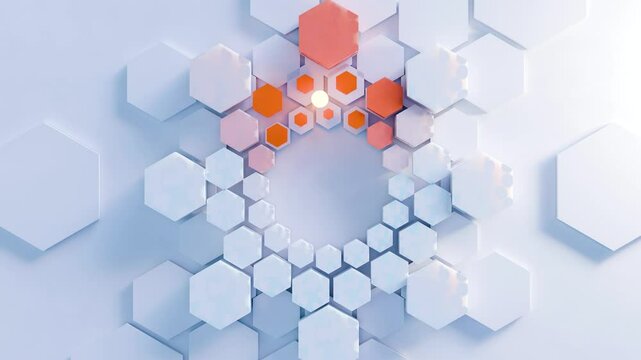 Oddly Satisfying animation, abstract hexagonal clock, Seamless Looping white background, Ball Proximity changing surface color, Synchronized Dance, Modern Geometric Design, Dynamic Motion, 3d render