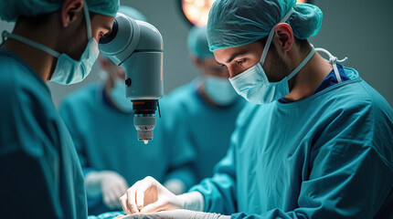 Medical procedure with healthcare professionals using surgical microscope