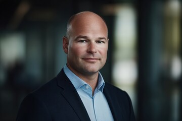 Fototapeta premium Confident middle-aged Caucasian man in a business suit, posed against a modern, blurred background.