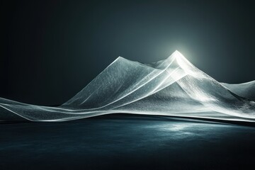 Abstract representation of a mountain landscape with ethereal lighting and a serene atmosphere.