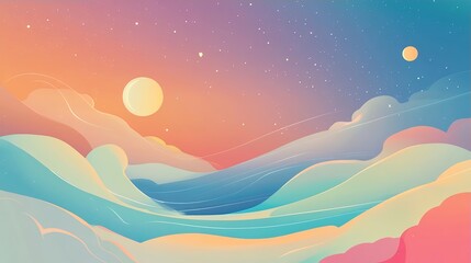 Dreamy Pastel Landscape Sunset, Moon, and Stars Artwork