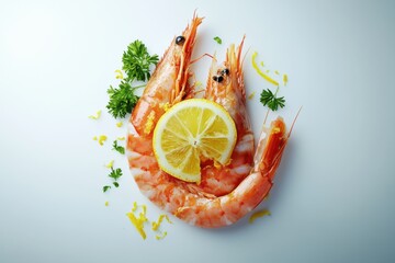 Fresh shrimp garnished with lemon and herbs on a clean background.