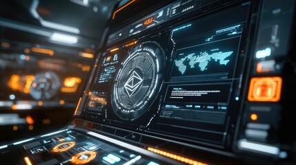 Obraz premium Futuristic Interface Shows Global Cryptocurrency Data