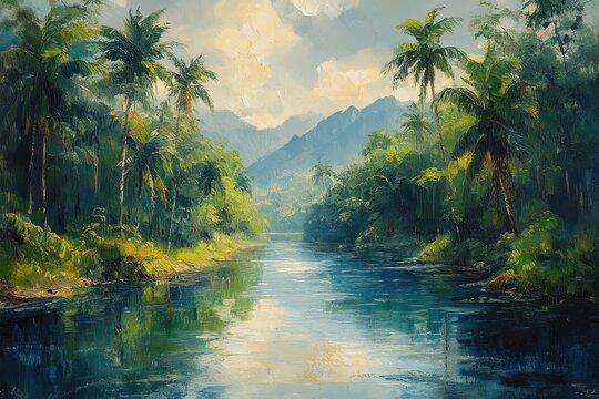 Serene river flows through lush rainforest under a cloudy sky in a tropical landscape